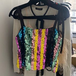 ZARA sequin silk tie shoulder top